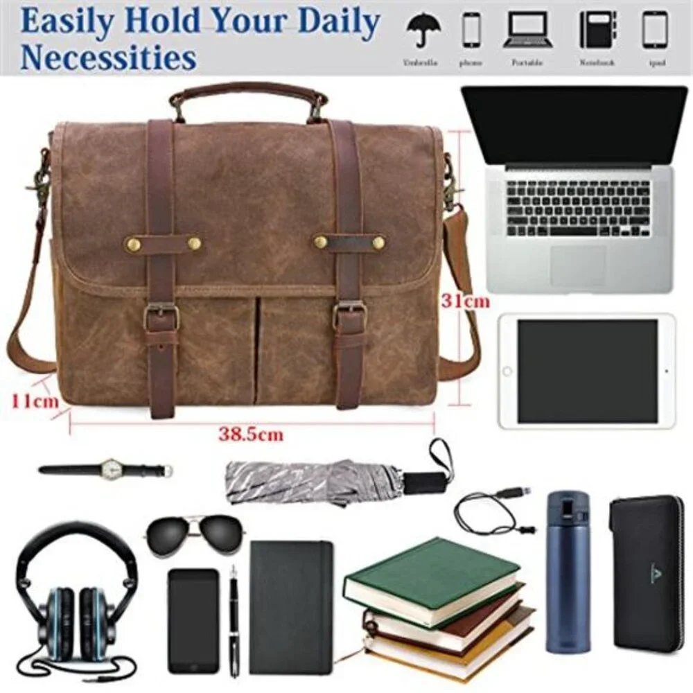 Mens Messenger Bag 15.6 Inch Waterproof Vintage Genuine Leather Waxed Canvas